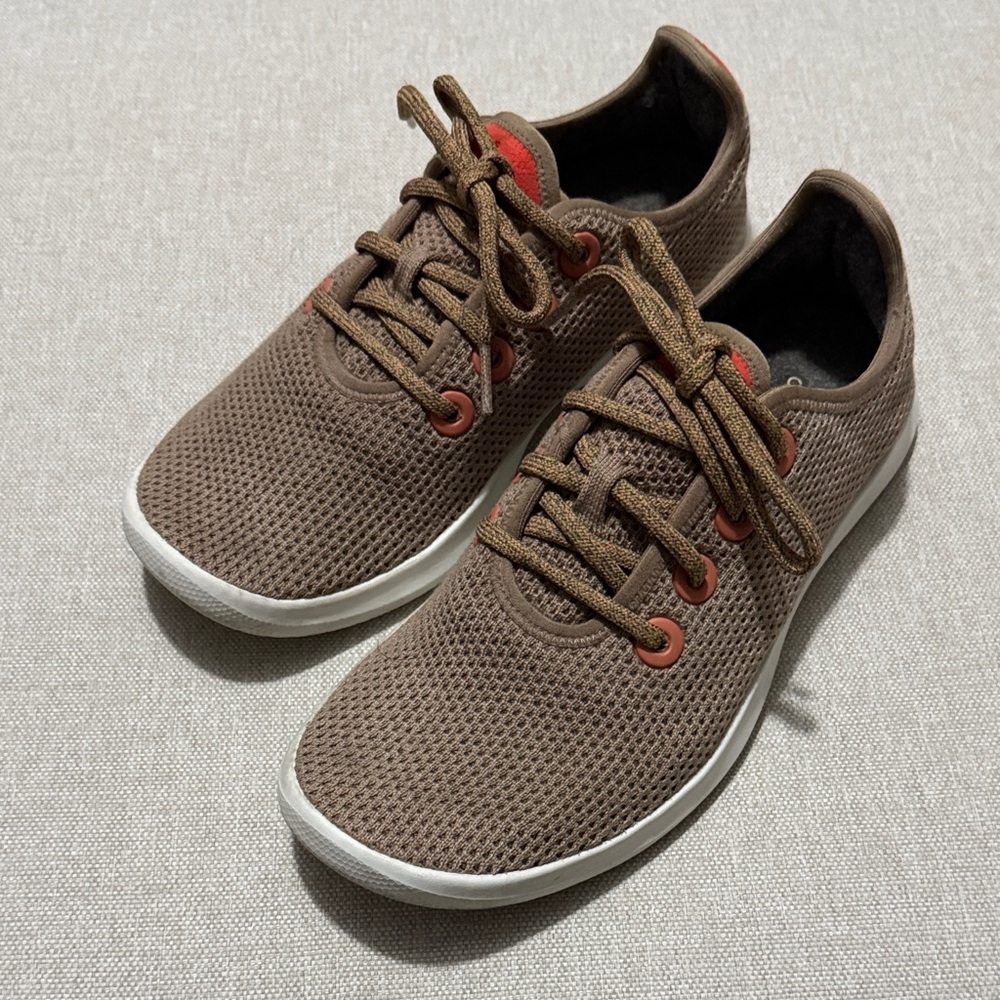 EUC-Wmns Allbirds Trail Runner-8-Sand Taupe/Orange Knit Mesh Uppers-White Soles